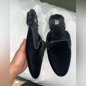 Velvet faux fur lined The Phoebe Birdies slip on black velvet mules